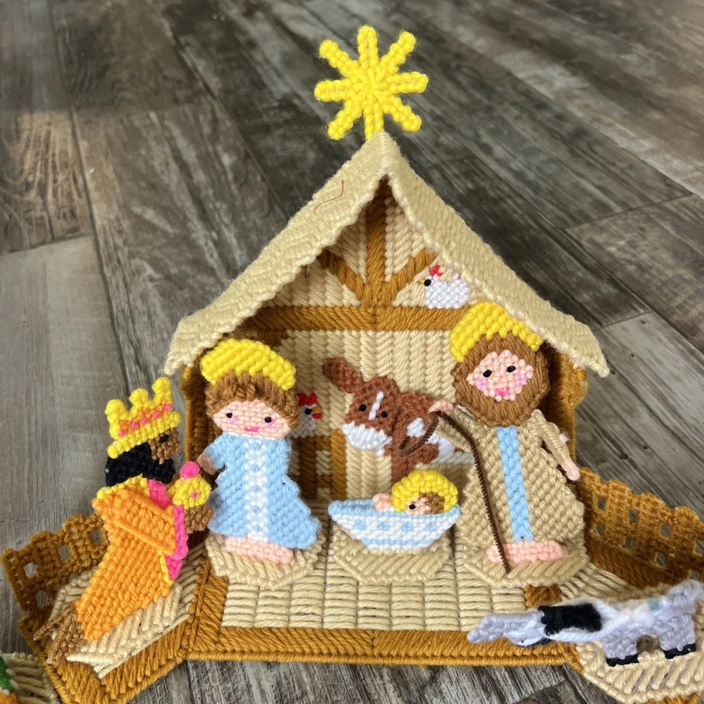 11 Piece Lot Handmade Needlepoint Plastic Canvas‎ Christmas Nativity Set Jesus